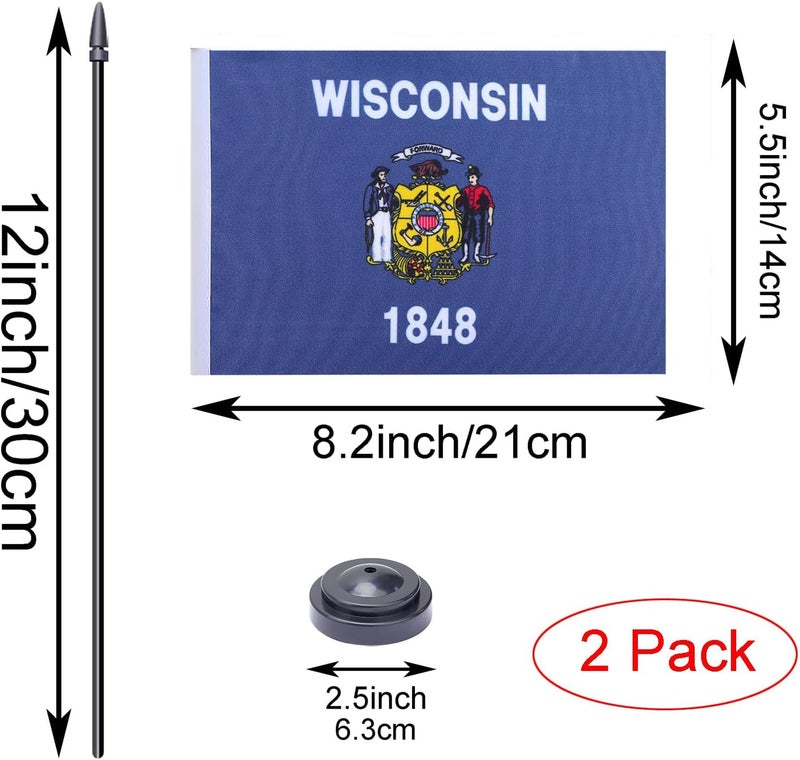 WXTWK 2 Pack USA Wisconsin Flag Wisconsin State Desk Flag Set - Mini Small Wisconsin Table Office Flags with Black 12" Solid Pole Stand Base Classroom Meeting Desktop Decorations - Image 2